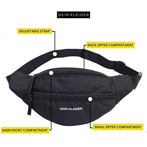 Dein Kleider Waist Pack Travel Handy Hiking Zip Pouch Document Money Phone Belt Sport Bag Bum Bag for Men and Women Nylon (Black) - Image 4