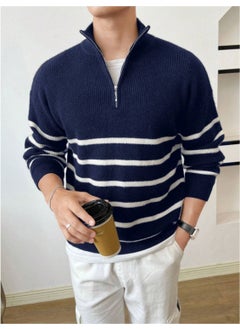 Cool Tarz Cool Style Navy Blue-White Men's Regular Zippered Fisherman Knitwear Sweater  - Image 1
