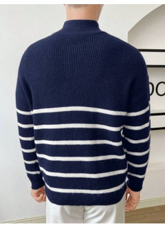 Cool Tarz Cool Style Navy Blue-White Men's Regular Zippered Fisherman Knitwear Sweater  - Image 4