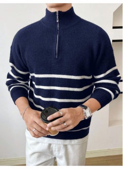 Cool Tarz Cool Style Navy Blue-White Men's Regular Zippered Fisherman Knitwear Sweater  - Image 3