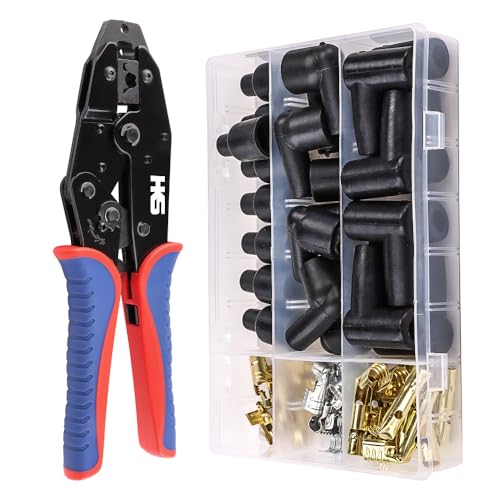 HKS Spark Plug Wire Crimping Tool Kit for Ignition Cables, Ratcheting Crimper, 24 Spark Plug Terminals (180° 90° Straight), 24 Boots, Fits up to 8.5mm Wires - Image 1