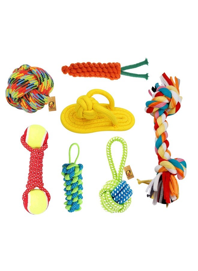 Generic Durable Chew Teething Rope Toy For Small To Medium Dogs Interactive Rope Toy To Play - (2 Knot + Slipper + Banana + Tennis + Handle Rope + Cotton Ball + Carrot) (Combo Of 7)  - Image 1