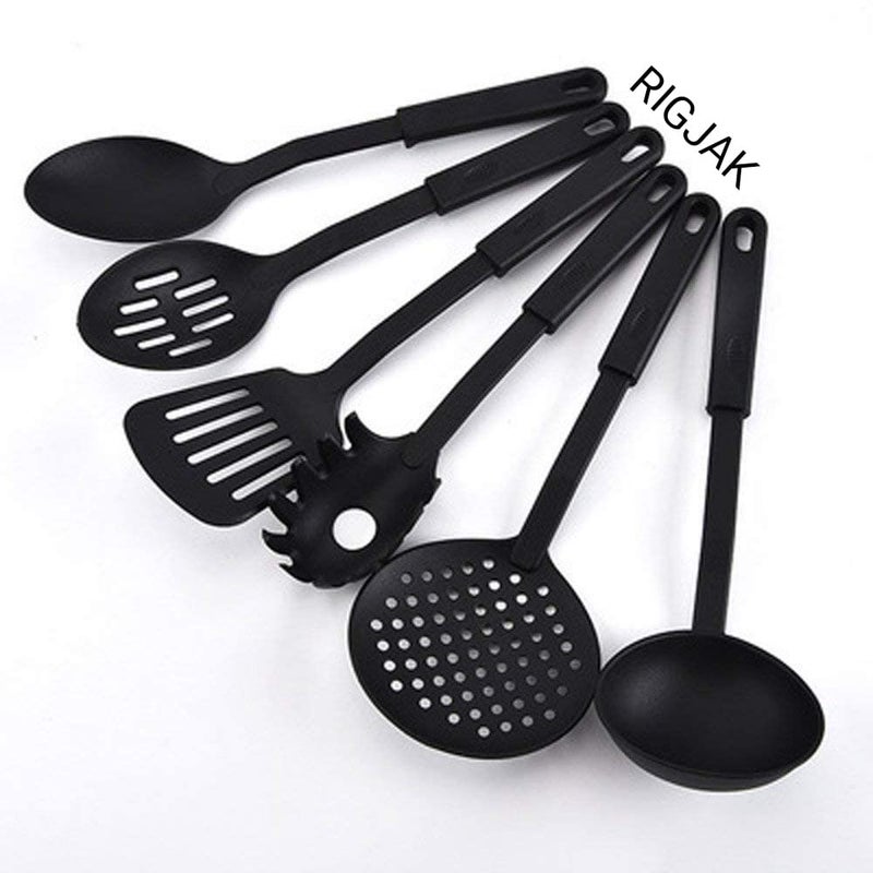 RIGJAK RIGJAK 6 PcsSet Nylon HeatResistant Nonstick Serving Spoon SpatulaPasta Server Deep Ladle Turner Scoop Kitchen Serving Utensil Tools Not for Cooking Only for Serving Black Color 1 Set  - Image 1