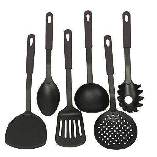 RIGJAK RIGJAK 6 PcsSet Nylon HeatResistant Nonstick Serving Spoon SpatulaPasta Server Deep Ladle Turner Scoop Kitchen Serving Utensil Tools Not for Cooking Only for Serving Black Color 1 Set  - Image 5