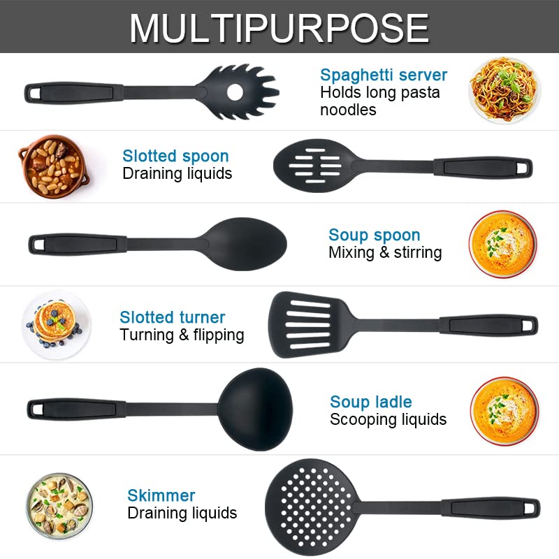RIGJAK RIGJAK 6 PcsSet Nylon HeatResistant Nonstick Serving Spoon SpatulaPasta Server Deep Ladle Turner Scoop Kitchen Serving Utensil Tools Not for Cooking Only for Serving Black Color 1 Set  - Image 4