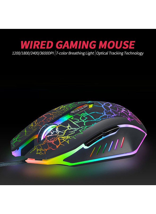 Wired Gaming Mouse 3600DPI Ergonomic Mouse Optical Mouse 4 Adjustable DPI levels/ 6 Buttons/ 7-color Breathing Light, Black