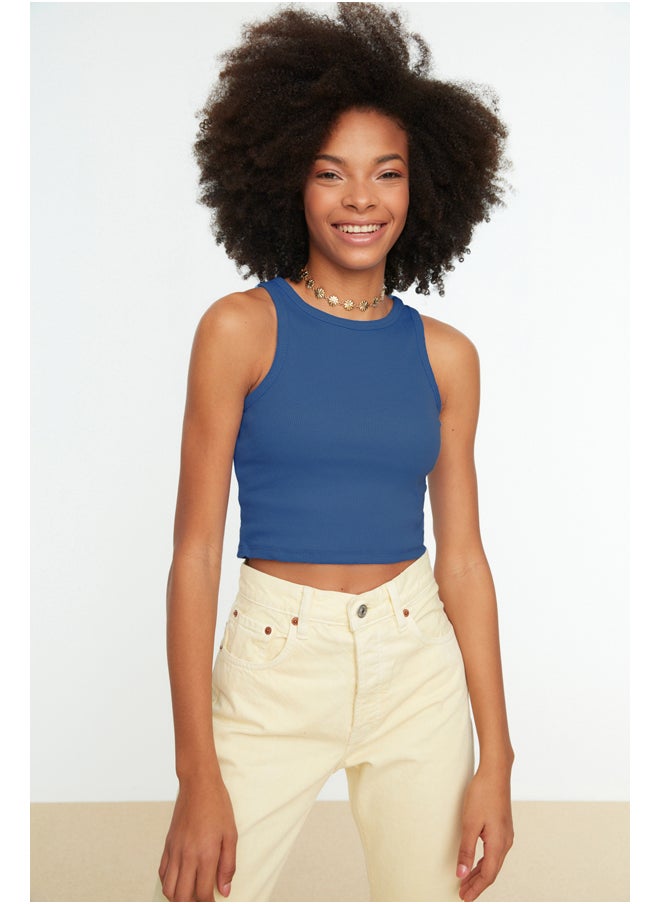 trendyol Blue Fitted Crop Halter Neck Ribbed Flexible Knit Single Singlet TWOSS21AL0050  - Image 1