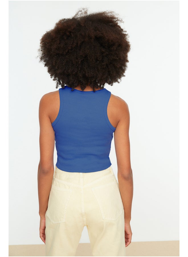 trendyol Blue Fitted Crop Halter Neck Ribbed Flexible Knit Single Singlet TWOSS21AL0050  - Image 5