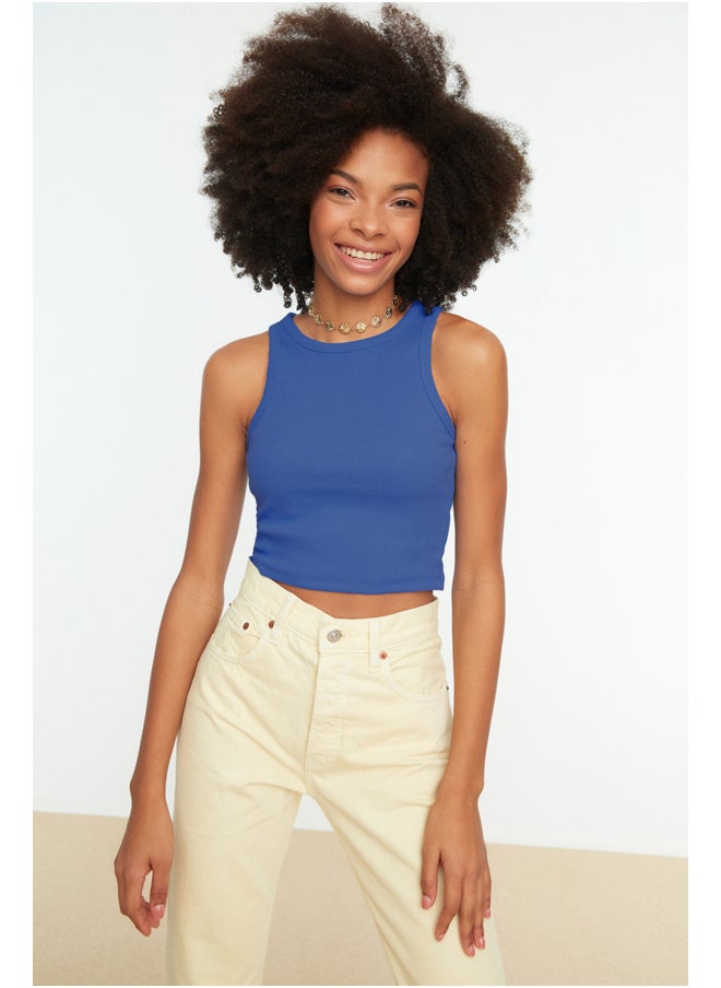 trendyol Blue Fitted Crop Halter Neck Ribbed Flexible Knit Single Singlet TWOSS21AL0050  - Image 2