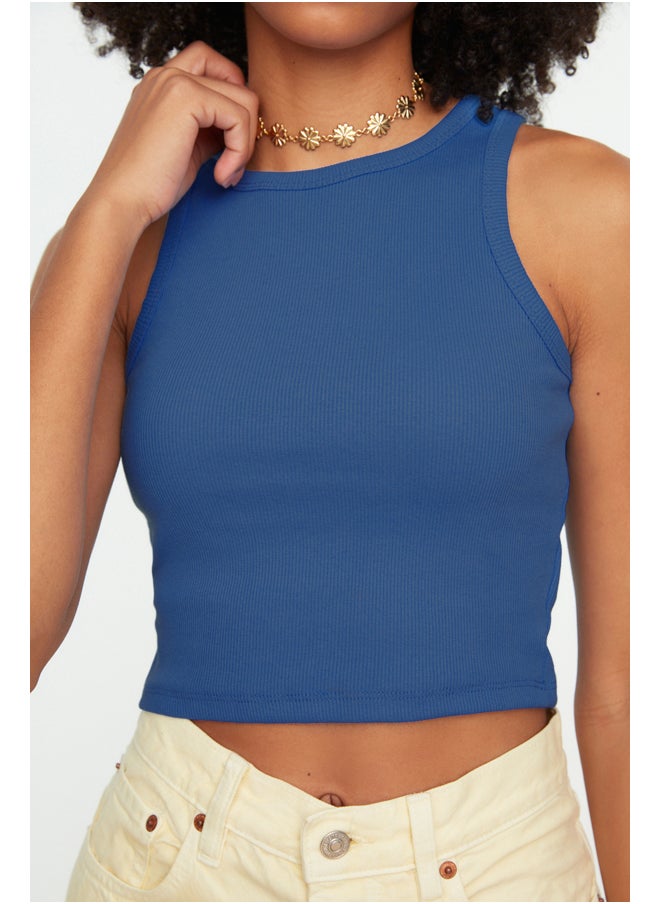 trendyol Blue Fitted Crop Halter Neck Ribbed Flexible Knit Single Singlet TWOSS21AL0050  - Image 4