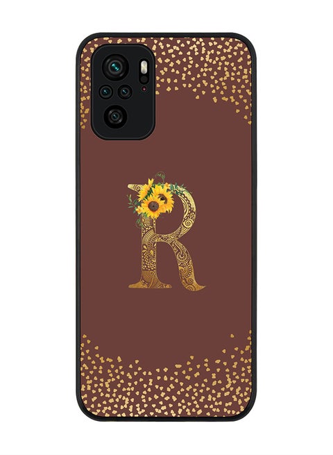 Rugged Black edge case for Xiaomi Poco M5s Slim fit Soft Case Flexible Rubber Edges Anti Drop TPU Gel Thin Cover - Custom Monogram Initial Letter Floral Pattern Alphabet - R (Brown )