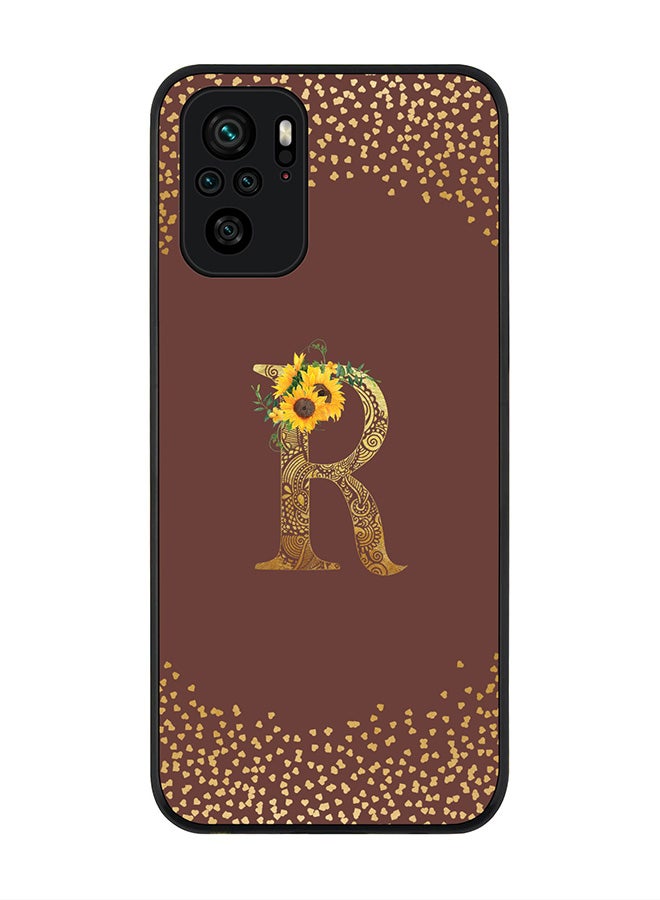 Rugged Black edge case for Xiaomi Poco M5s Slim fit Soft Case Flexible Rubber Edges Anti Drop TPU Gel Thin Cover - Custom Monogram Initial Letter Floral Pattern Alphabet - R (Brown )