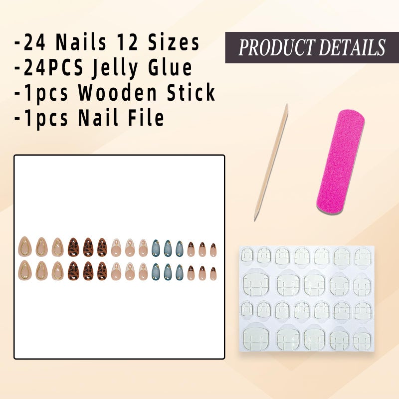 Jremg Press on Medium Almond Brown Leopard French Tip Glue with 3D Gold Star Charms Full Cover False Blue White Gradient Stick on Nails - 24pcs - Image 2