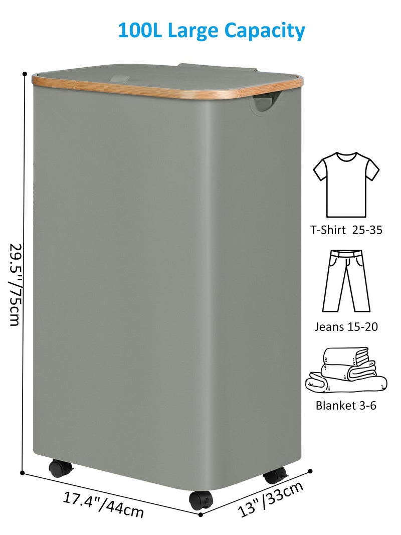 efluky Laundry Basket with Wheels, Tall Rolling Laundry Hamper with Lid and Removable Bag, Aesthetic Dirty Clothes Hamper on Wheels for Laundry Room, Bedroom, Dorm and Bathroom, 100L Grey - Image 2