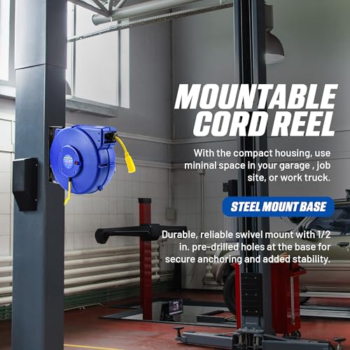 Goodyear Retractable Extension Cord Reel – Heavy-Duty Commercial Cable with Triple Tap Connector, Auto-Rewind & Wall/Ceiling Mountable (Enclosed, 12AWG x 65 ft) - Image 5