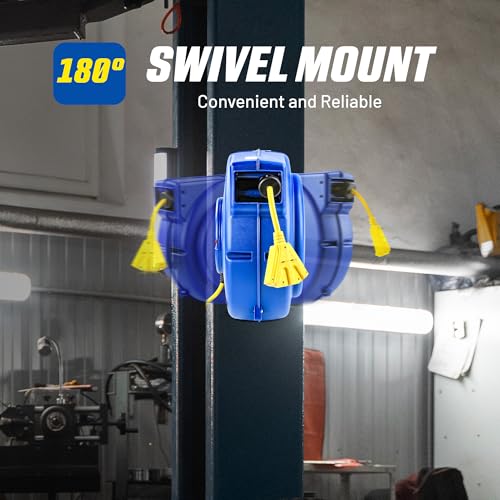 Goodyear Retractable Extension Cord Reel – Heavy-Duty Commercial Cable with Triple Tap Connector, Auto-Rewind & Wall/Ceiling Mountable (Enclosed, 12AWG x 65 ft) - Image 3