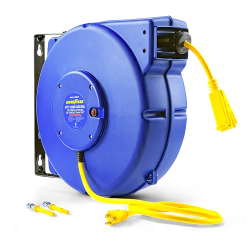Goodyear Retractable Extension Cord Reel – Heavy-Duty Commercial Cable with Triple Tap Connector, Auto-Rewind & Wall/Ceiling Mountable (Enclosed, 12AWG x 65 ft) - Image 1