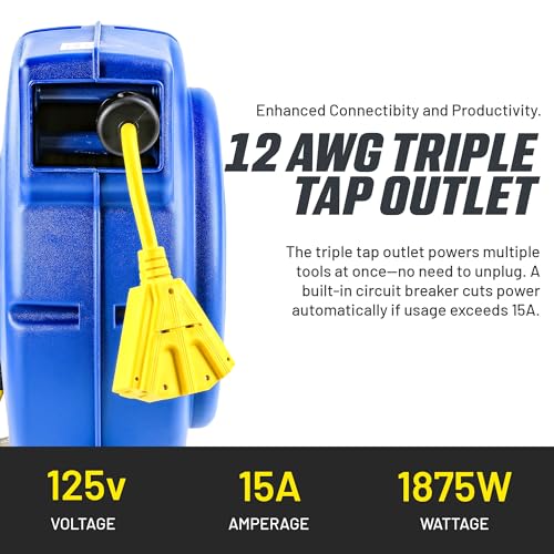Goodyear Retractable Extension Cord Reel – Heavy-Duty Commercial Cable with Triple Tap Connector, Auto-Rewind & Wall/Ceiling Mountable (Enclosed, 12AWG x 65 ft) - Image 4