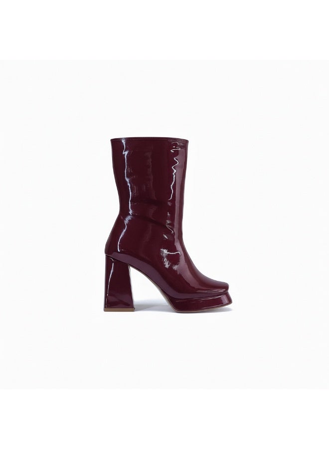 LIFESTYLISH Boot Heels Leather Glossy With Zipper L-113 - Maroon - Image 2