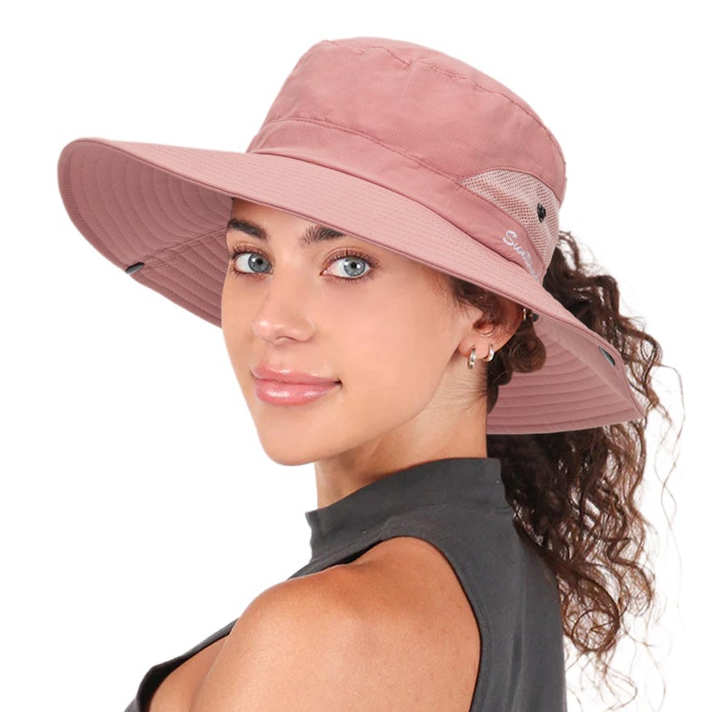 XuoAz Womens Summer Sun Hat Beach Hat Wide Brim Outdoor UV Protection Hat Packable Mesh Bucket Hat with Ponytail Hole - Image 1