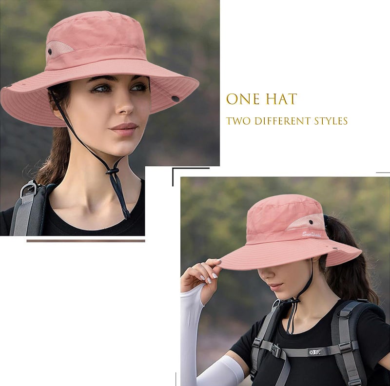 XuoAz Womens Summer Sun Hat Beach Hat Wide Brim Outdoor UV Protection Hat Packable Mesh Bucket Hat with Ponytail Hole - Image 4