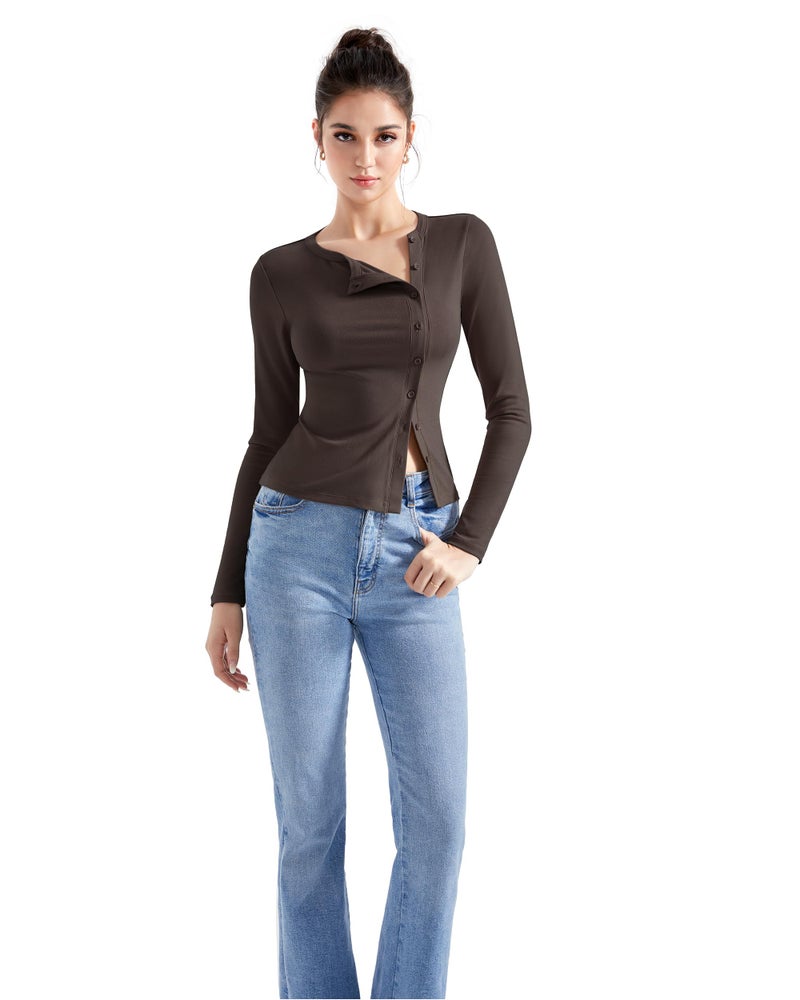 SUUKSESS Women Button Down Ribbed Modal Tops Long Sleeve Fall Fitted Going Out Shirt (Brown, S) - Image 4