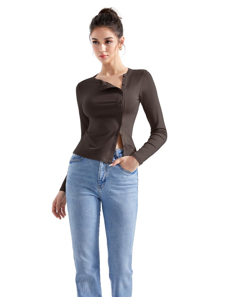 SUUKSESS Women Button Down Ribbed Modal Tops Long Sleeve Fall Fitted Going Out Shirt (Brown, S) - Image 3