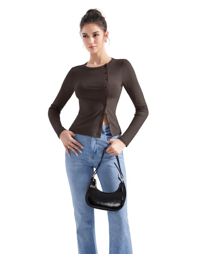 SUUKSESS Women Button Down Ribbed Modal Tops Long Sleeve Fall Fitted Going Out Shirt (Brown, S) - Image 2
