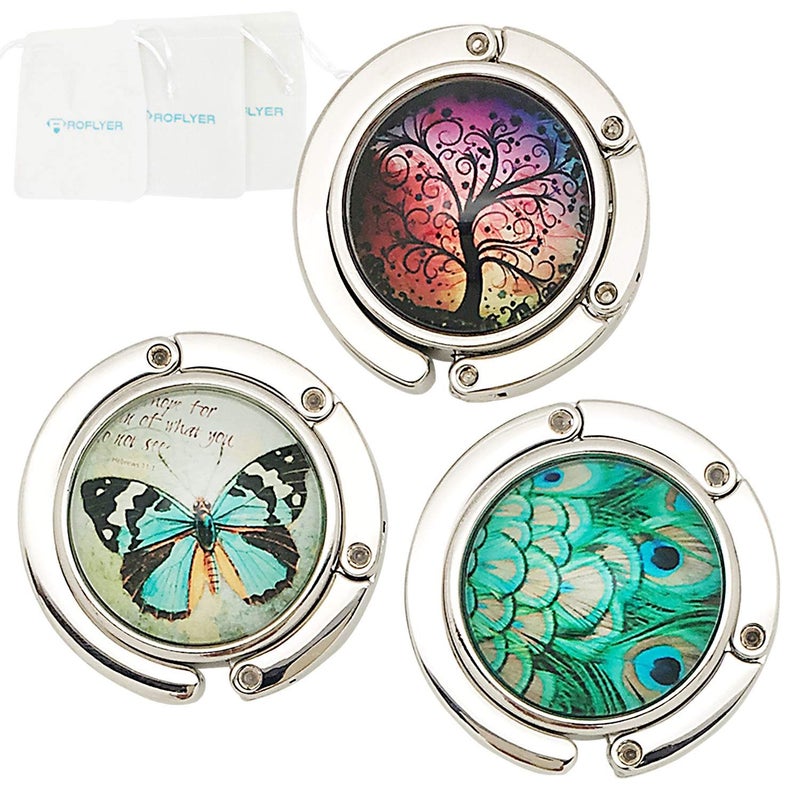 ROFLYER Purse Hook Set of 3  ButterflyWish TreePeacock Foldable Handbag Hanger Safer Cleaner Bag Fold Up for Easy StorageFolding Table Hanger with Velvet Pouch