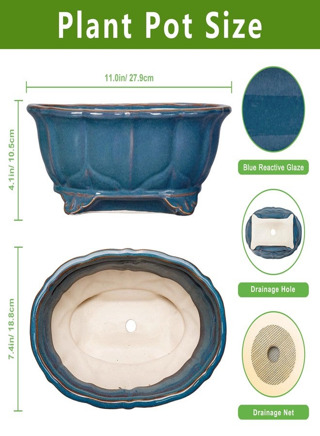 Teagas Bonsai Pots 11 Inch - Ceramic Succulent Pots with Drainage Hole Decorative Plant Pot Indoor Large Outdoor Planter Modern Flower Pot for Home Oval Garden Office Room Decor Blue - Image 2