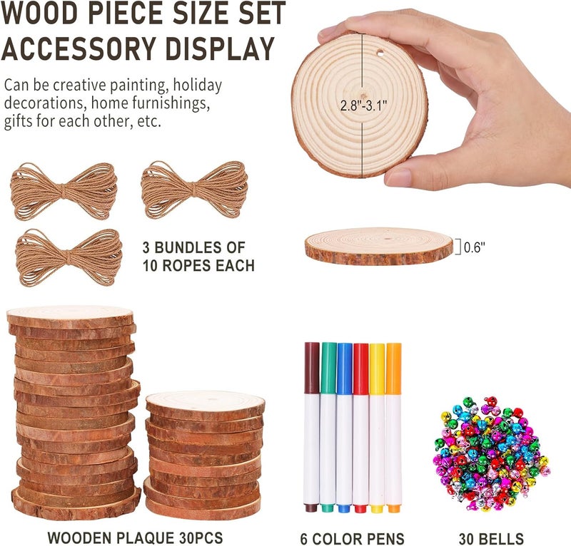 Max Fun Natural Wood Slices 30pcs 2.8"-3.1" Craft Wood Kit Christmas Ornaments Unfinished Predrilled with Hole Wooden Circles for Arts and Crafts Christmas Holiday Ornaments DIY Crafts - Image 2
