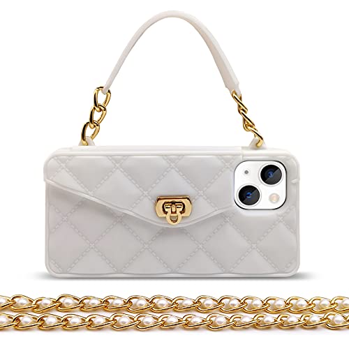 Omio Compatible with iPhone 15 Plus Wallet Case with Card Holder Luxury Chain Case with Long Pearl Shoulder Crossbody Lanyard Wrist Strap Soft Silicone Handbag Cover for iPhone 14 Plus Women White - Image 1
