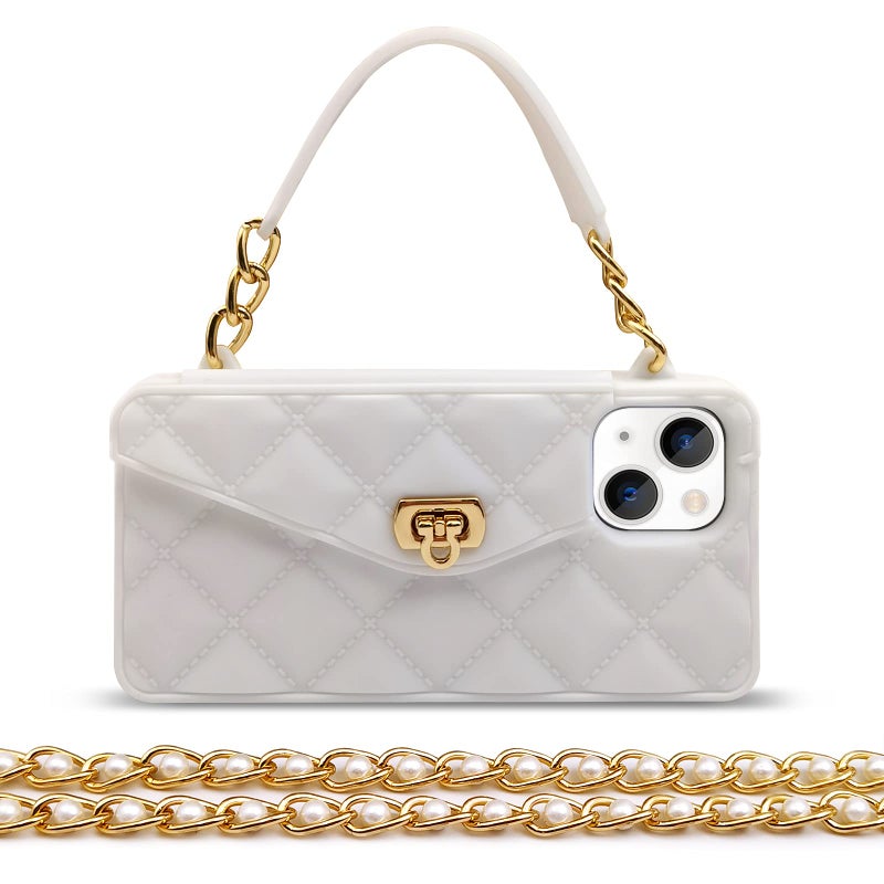 Omio Compatible with iPhone 15 Plus Wallet Case with Card Holder Luxury Chain Case with Long Pearl Shoulder Crossbody Lanyard Wrist Strap Soft Silicone Handbag Cover for iPhone 14 Plus Women White - Image 2