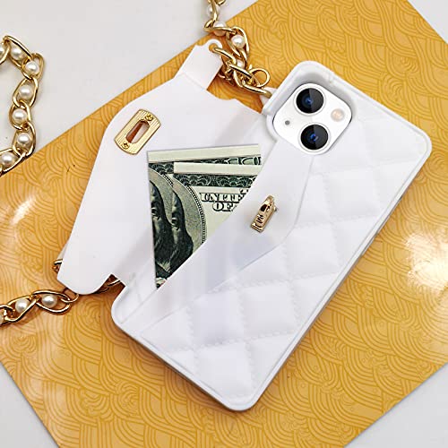 Omio Compatible with iPhone 15 Plus Wallet Case with Card Holder Luxury Chain Case with Long Pearl Shoulder Crossbody Lanyard Wrist Strap Soft Silicone Handbag Cover for iPhone 14 Plus Women White - Image 3