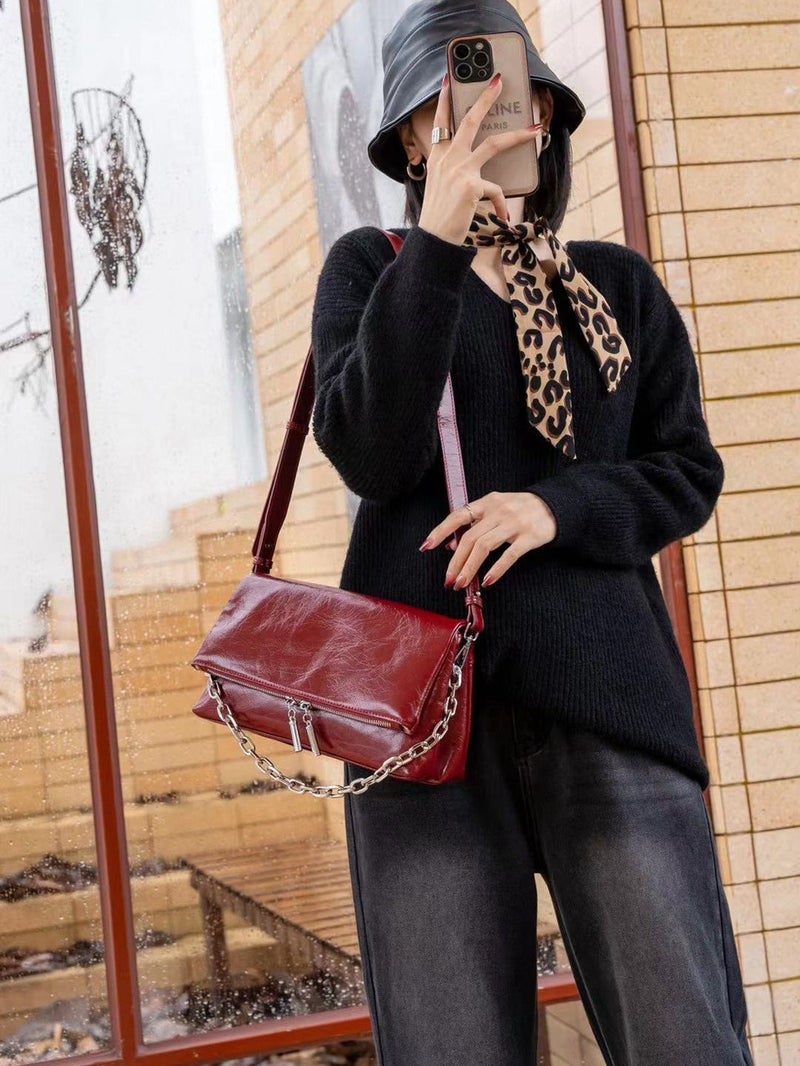 Genuine Leather Women'S Bag Fashion Chain Bag Top Layer Oil Wax Cowhide Vintage Small Square Bag Single Shoulder Crossbody Bag 8567 - Image 5