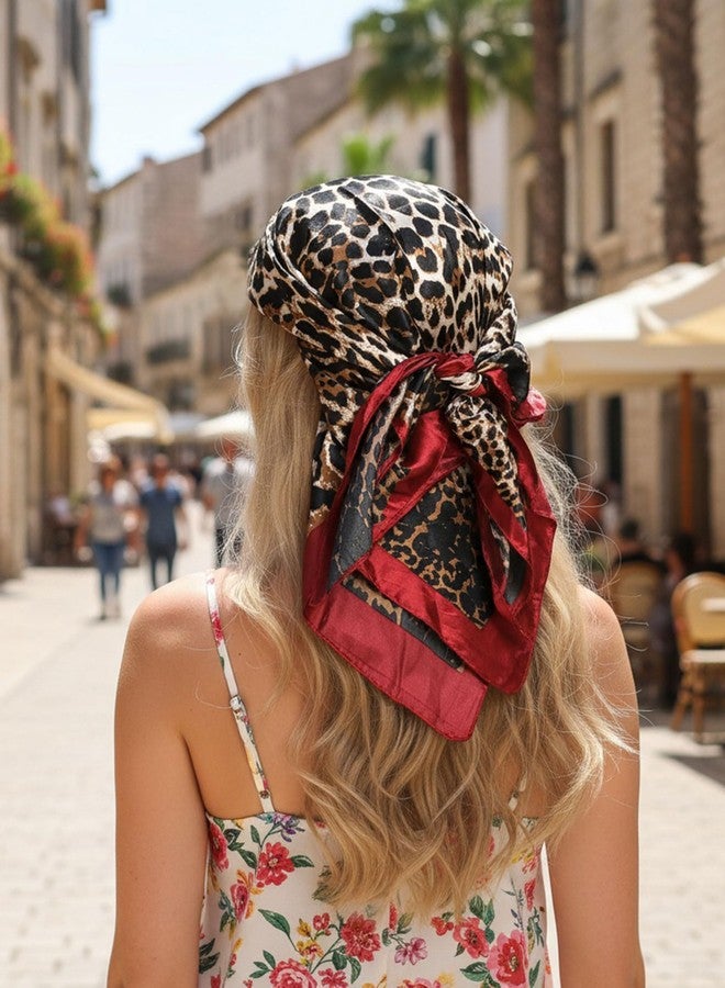 CHUNG Women Square Scarf Wrap 35” Satin Headscarf Emulation Silk Large Hair Bandanas Neck Scarves Accessories Patterned, Red Leopard, 35” - Image 4