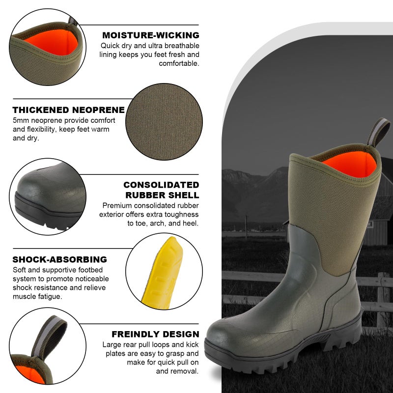 Showave Men's Mid Calf Rubber Work Boots Waterproof Rain Boot Insulated Mud Boots with Comfortable Sports Soles(Green,Size 13) - Image 4