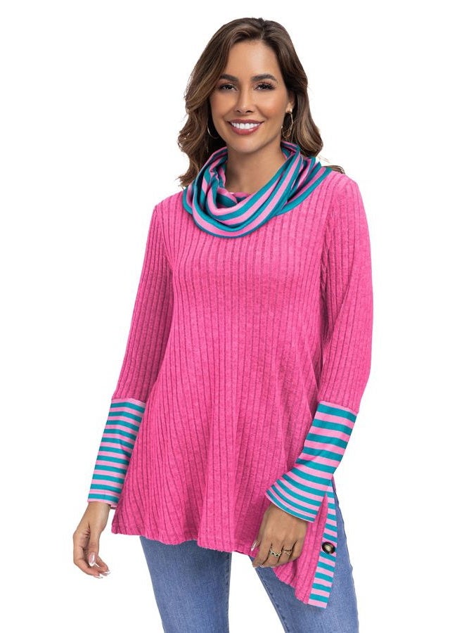 Miusey Striped Pullover Sweater Christmas Sweatshirt Loose Fit Lightweight Tunic Sweaters to Wear with Leggings Pink Green L - Image 2