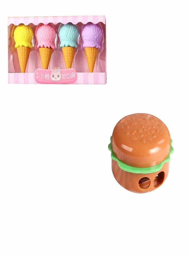 KALRA MAGIC® 4 Pcs Softy Shaped Erasers + 1 Burger Sharpener | Cute & Fun Stationery Set - Image 1