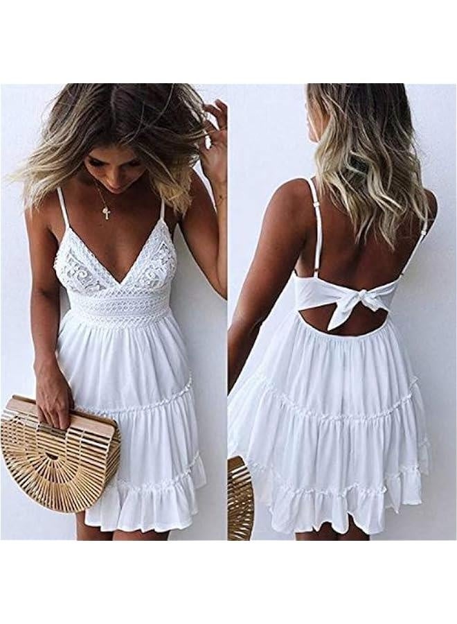Dresses for Women 2024 Summer V-Neck Spaghetti Strap Bowknot Backless Sleeveless Lace Mini Swing Skater Dress - Image 4