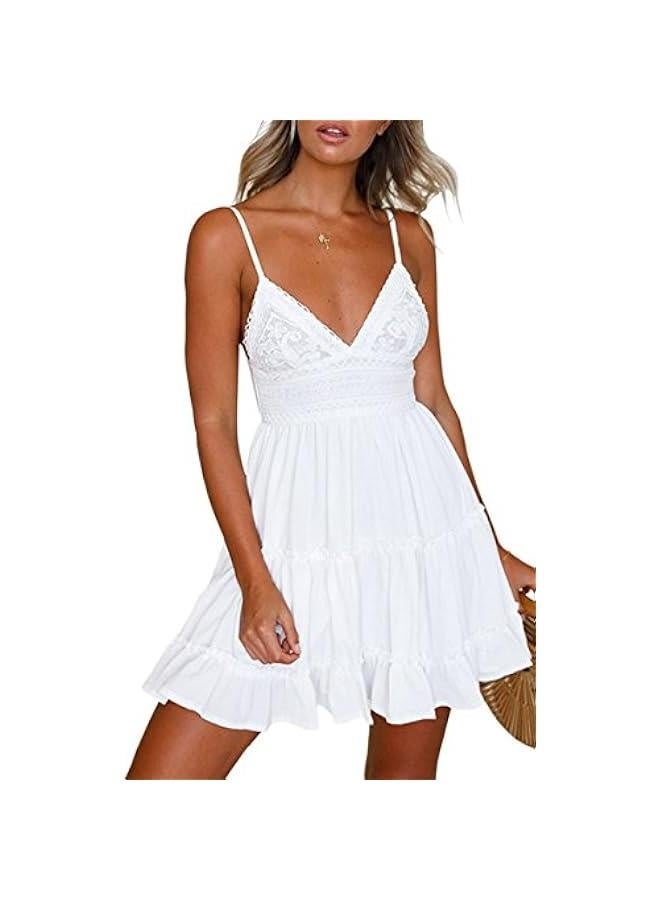 Dresses for Women 2024 Summer V-Neck Spaghetti Strap Bowknot Backless Sleeveless Lace Mini Swing Skater Dress - Image 1