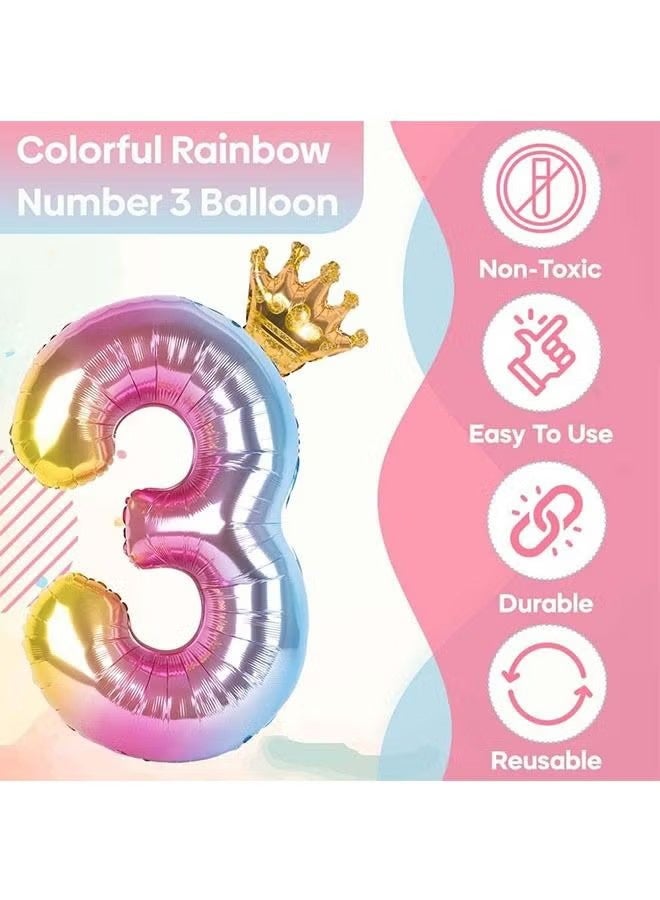 YJ Number 3 Decor Balloon Rainbow Gradient with Detachable Crown, Easy Inflate and deflate reusable, Premium Foil Mylar Balloons for Birthdays Anniversaries Party Decorations (40 Inch) - Image 2
