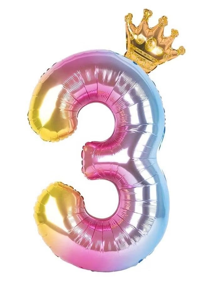 YJ Number 3 Decor Balloon Rainbow Gradient with Detachable Crown, Easy Inflate and deflate reusable, Premium Foil Mylar Balloons for Birthdays Anniversaries Party Decorations (40 Inch) - Image 1