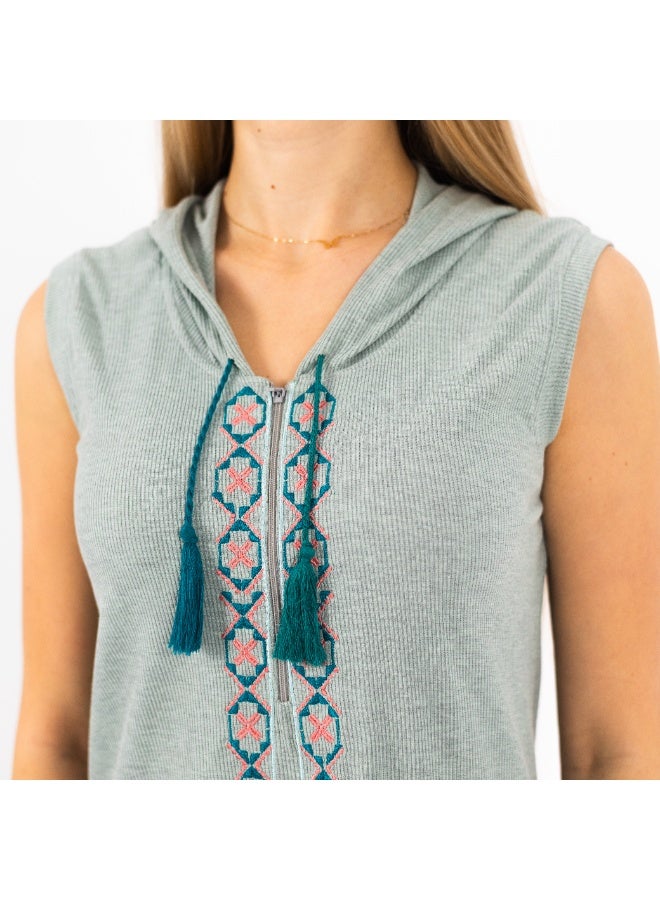 زيكوتكس  فستان منزلي نسائي قطن ريب (ضلعي) ناعم - كاش مايوه موديل عباية مع غطاء رأس وتطريز صدر هندسي - لون أخضر مينت. - Image 2