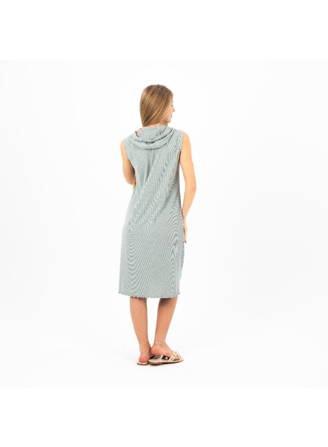 زيكوتكس  فستان منزلي نسائي قطن ريب (ضلعي) ناعم - كاش مايوه موديل عباية مع غطاء رأس وتطريز صدر هندسي - لون أخضر مينت. - Image 4