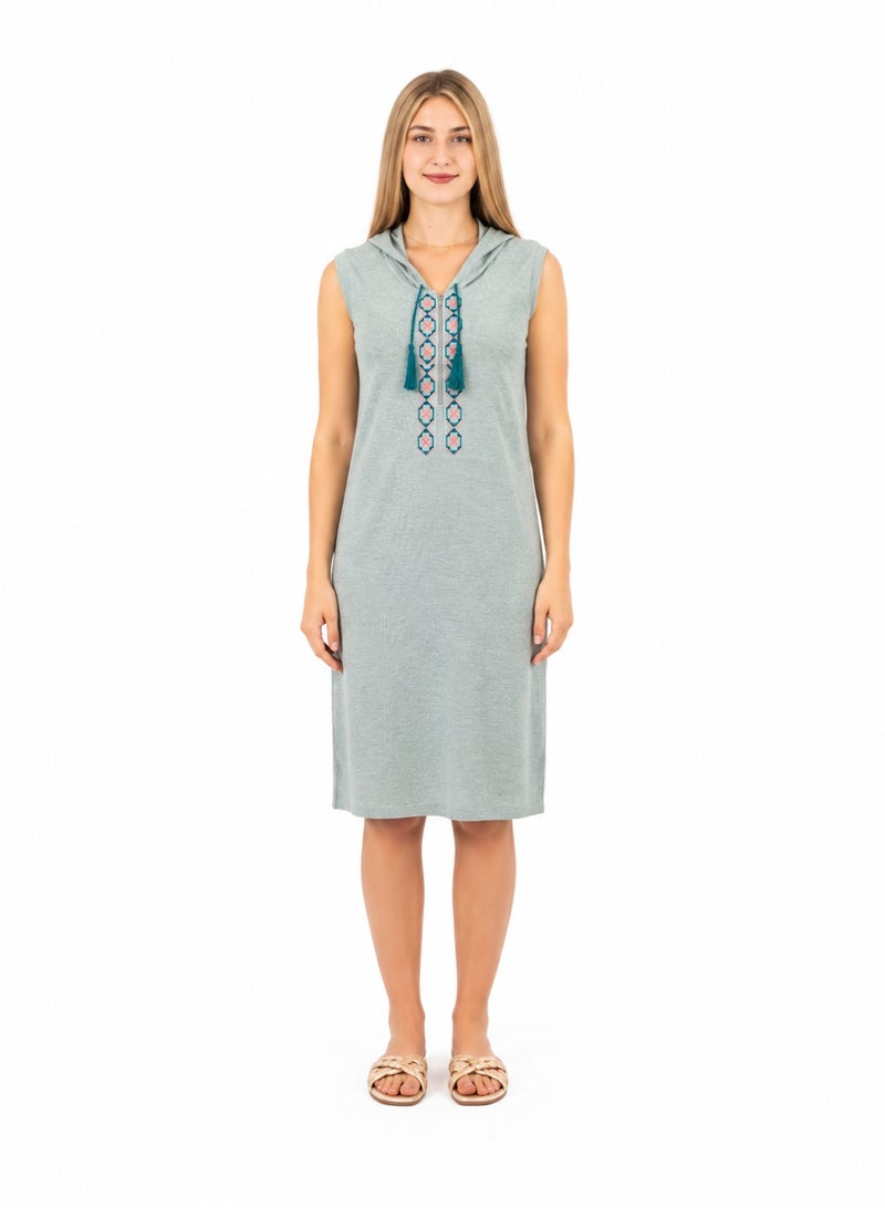 zecotex  Women's Ribbed Cotton Hooded Sleeveless Home Dress with Embroidered Neckline & Tassels - Mint Green - Image 1