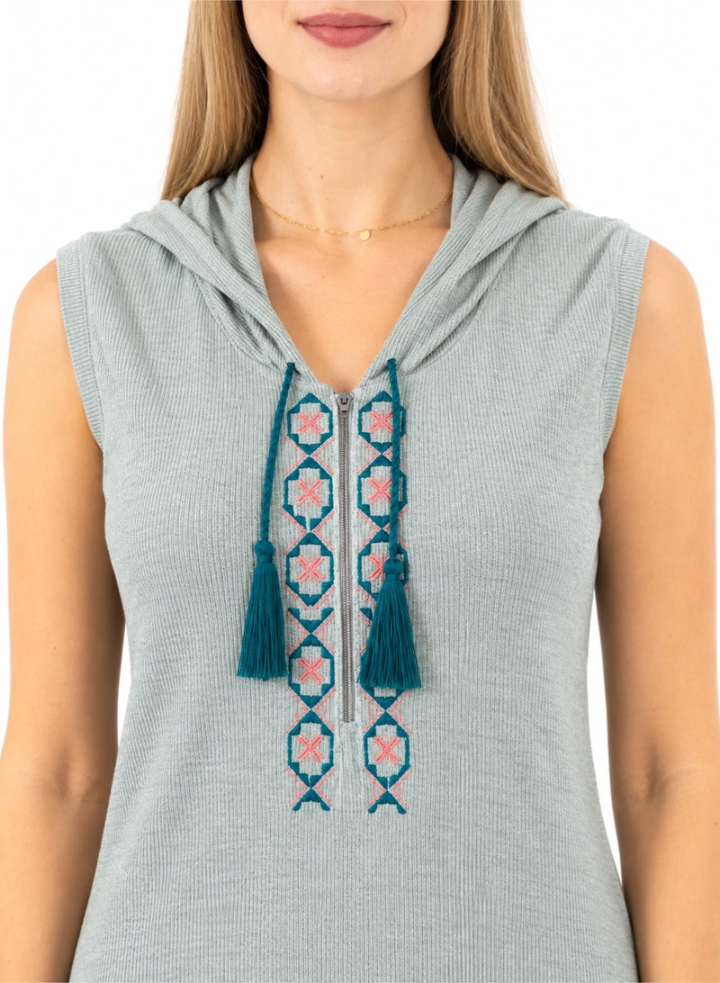 zecotex  Women's Ribbed Cotton Hooded Sleeveless Home Dress with Embroidered Neckline & Tassels - Mint Green - Image 2