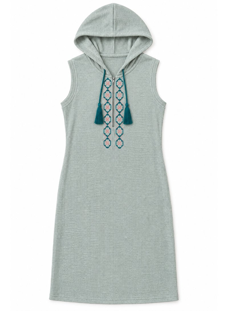 zecotex  Women's Ribbed Cotton Hooded Sleeveless Home Dress with Embroidered Neckline & Tassels - Mint Green - Image 5