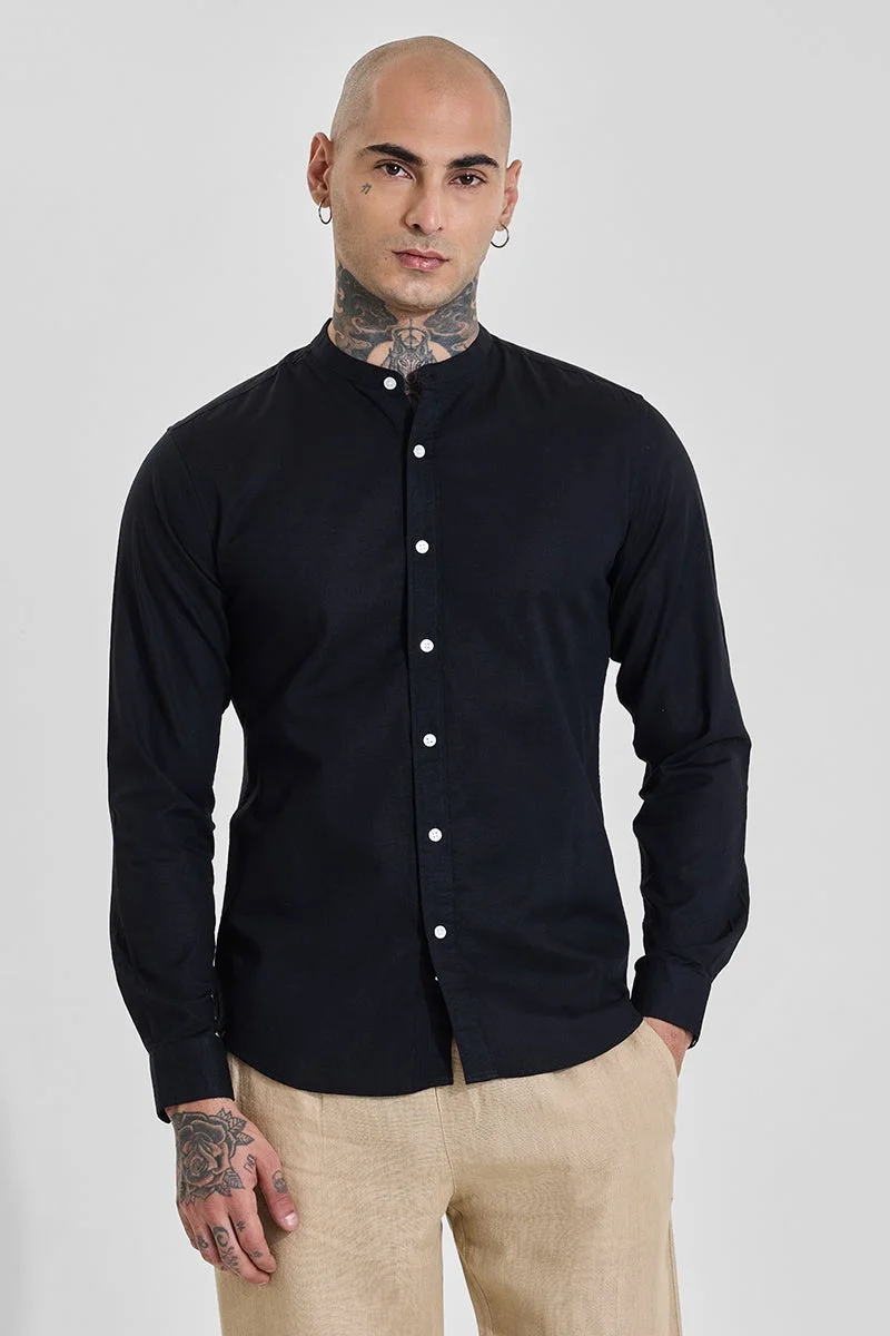 SNITCH Jet Black Solid Long Sleeve Slim Fit Shirt
