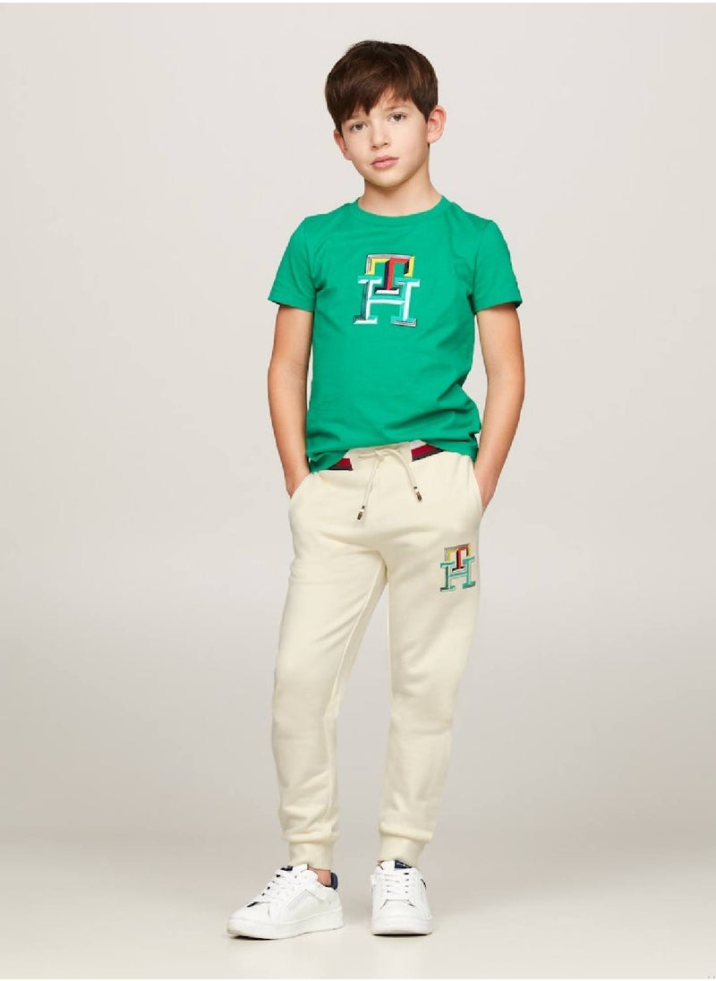 TOMMY HILFIGER - Boys' Th Monogram Embroidery Cuffed Joggers -  Pure cotton, Beige - Image 1